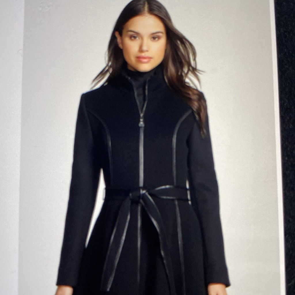 Dawn Levy Wool Black Flair Genuine Leather Detail Coat New With Tags